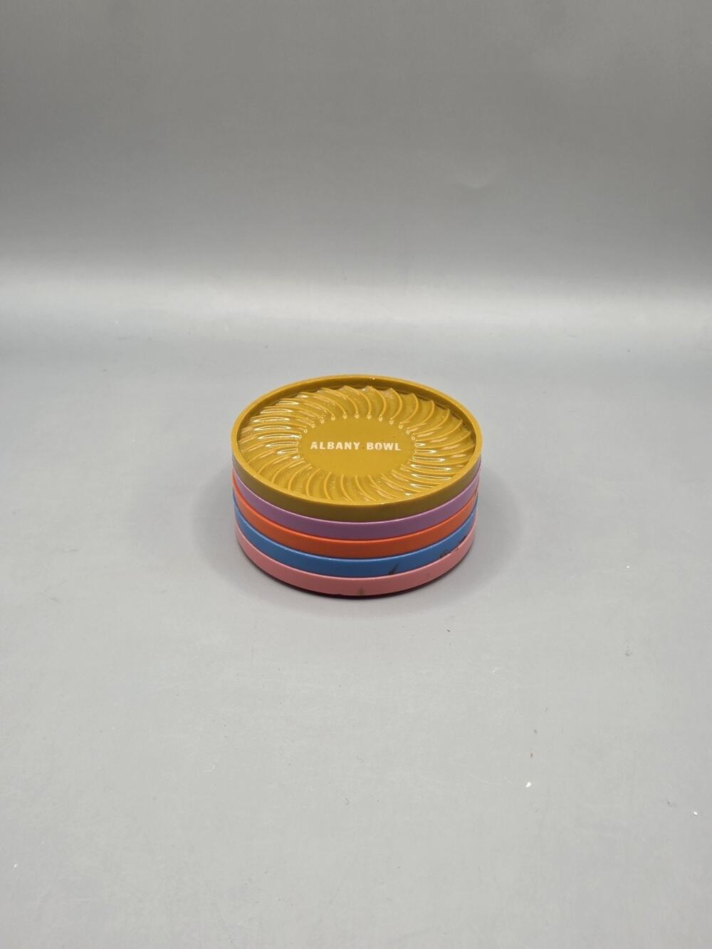 Vintage Ritepoint Plastic Coasters Albany Bowl California Advertising 70s Vtg